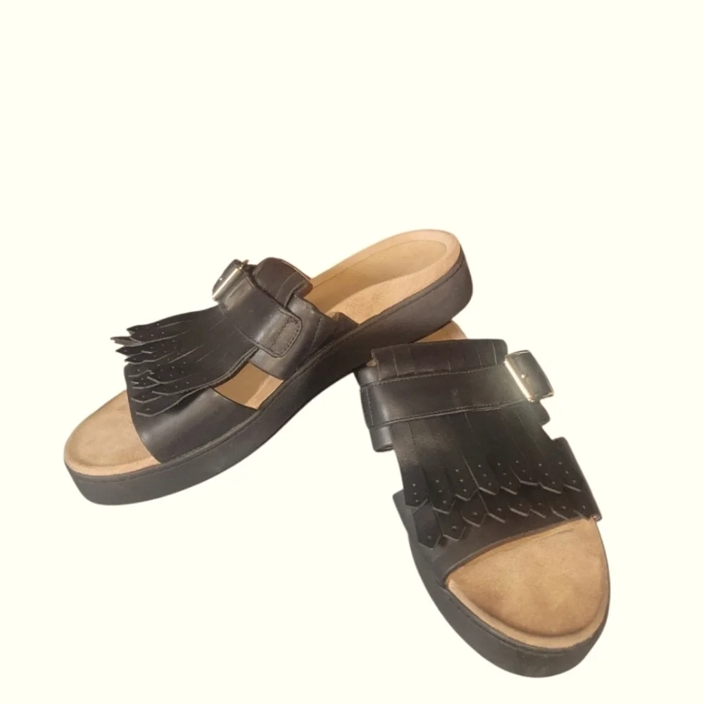 Vionic Women's Splendid Filmore Black Kilte Fringe Slide Sandals Sz 10